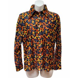 Vintage 70s Nylon Bright Disco Hippie Shirt Blueberry Floral Print Point Collar